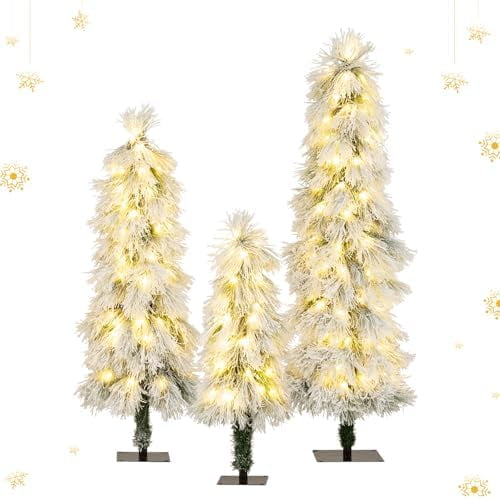 Pre-Lit Pencil Christmas Tree Set of 3, 3' 4' 5' Snow Flocked Xmas Trees w/150 Warm White LED Lights, Metal Base, Artificial Christmas Trees for Living Room, Office & Entryway, White