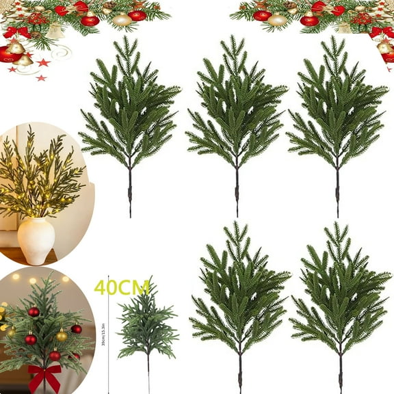 Pre-Lit Pine Stems, Lighted Norfolk Pine Branches, Realistic Norfolk Pine Stems, Christmas Artificial Pines Needles Branches Garland for DIY Wreaths, Vase Fillers, Indoor Outdoor Decor (5PCS)