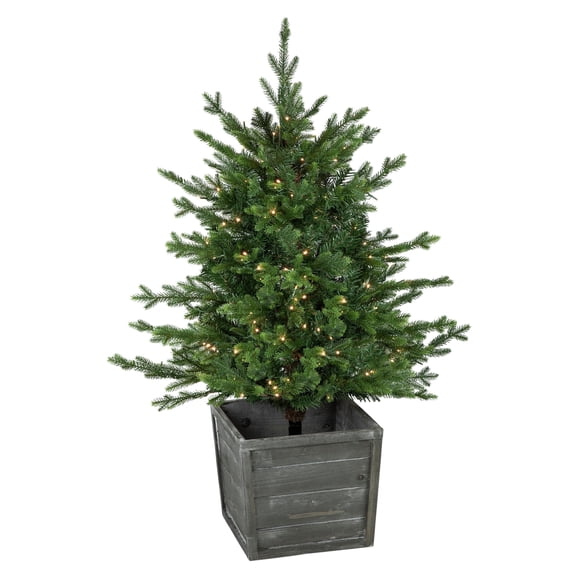Pre-Lit Potted Deluxe Russian Pine Artificial Christmas Tree Warm White LED Lights 4 Foot