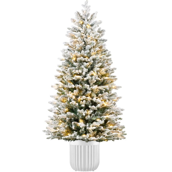 Pre-Lit Potted Flocked Christmas Tree, 6Ft Realistic Artificial Decor, w/250 Twinkling White & Multi LEDs