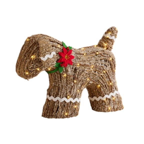 Pre-Lit Rattan Gingerbread Dog Christmas Decor, Frosted Wicker Dog Figurine with Warm LED Lights and Poinsettia, Farmhouse Holiday Decoration for Mantel Covered Porch