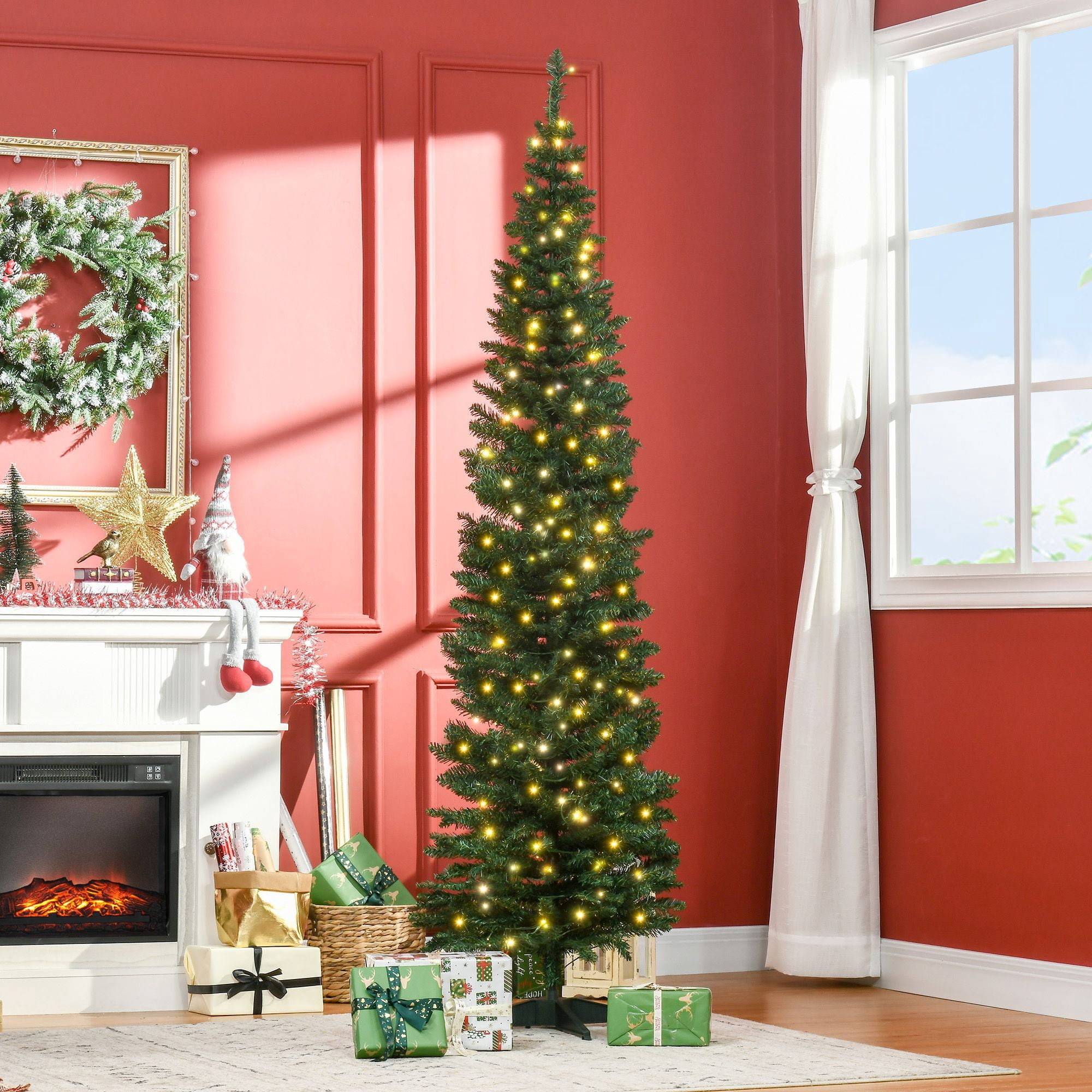 Pre-Lit Slim Artificial Pencil Christmas Tree, 7 ft Tall with Warm White LED Lights, 499 Tips, Flame Retardant, for Indoor Holiday Decoration