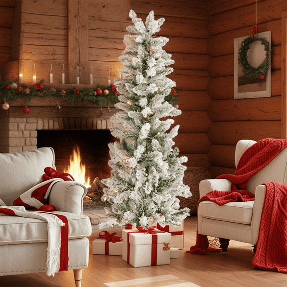 Pre-Lit Slim Pencil Christmas Tree, 4.5-9ft Artificial Xmas Tree with Warm White LED Lights & 8 Modes, Simulated tree branches,Foldable Metal Stand for Small Spaces