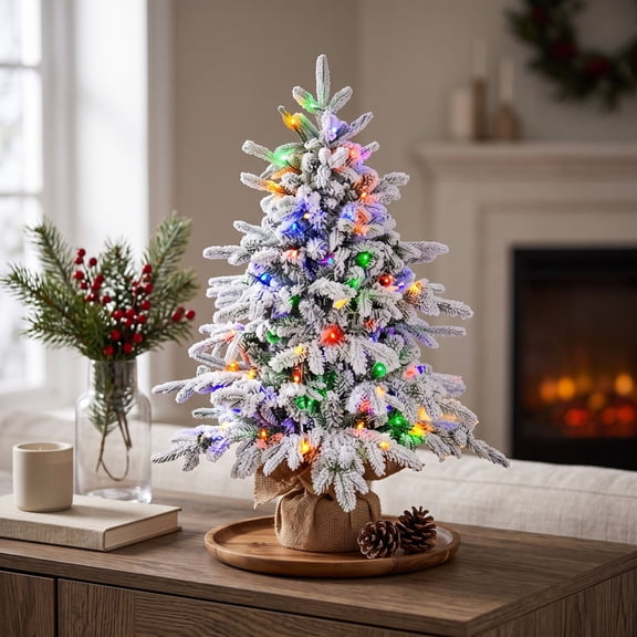 PreLit Small Flocked Christmas Tree, Tabletop SnowCovered Artificial Mini Christmas Tree with Multicolor LED Lights, Burlap Base for Table Desk Xmas Holiday Home Decor