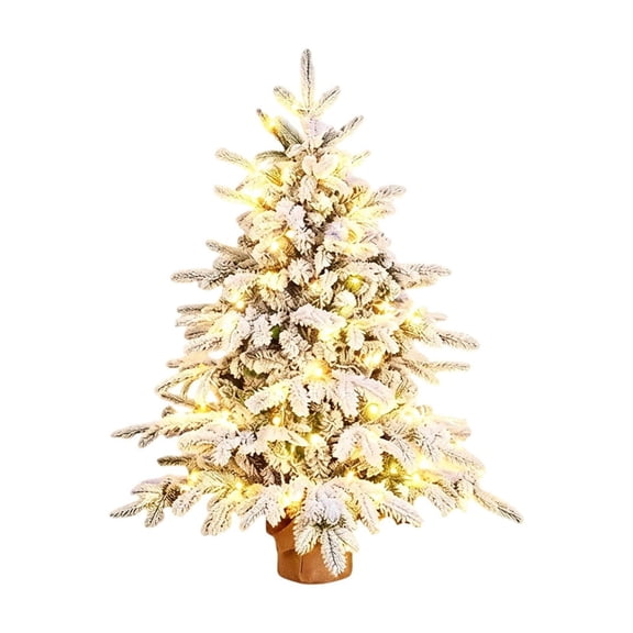 Pre-Lit Snow Flocked Artificial Christmas Tree Tabletop Conical Holiday Pine Burlap Base Accent