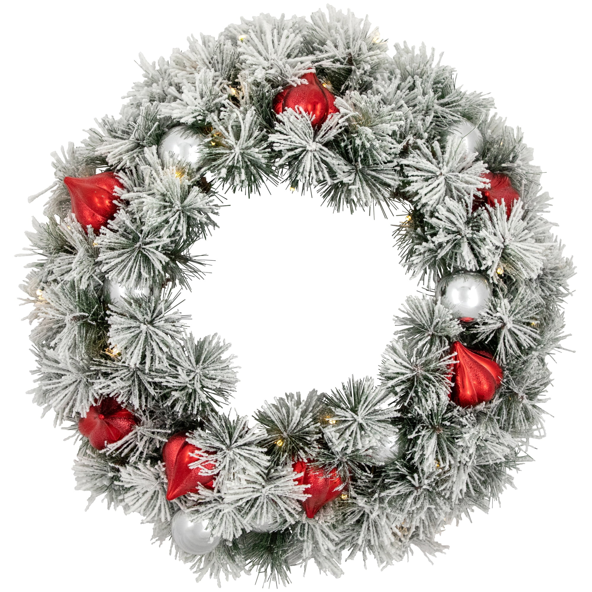 Pre-Lit Snowy Bristle Pine Christmas Wreath 24-Inch Warm White LED Lights