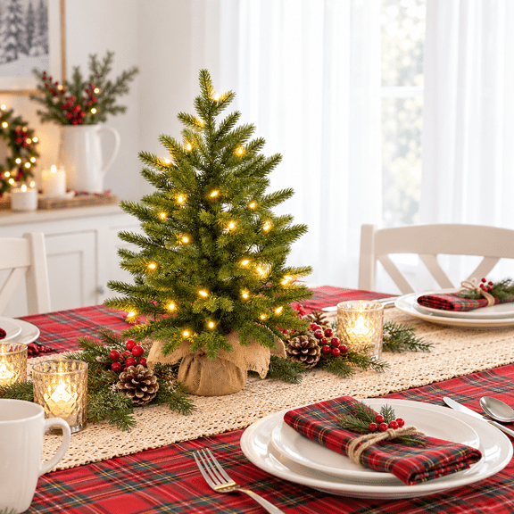 Pre-Lit Tabletop Artificial Christmas Tree with Basket Base Mini Xmas Tree with LED Lights Remote Timer
