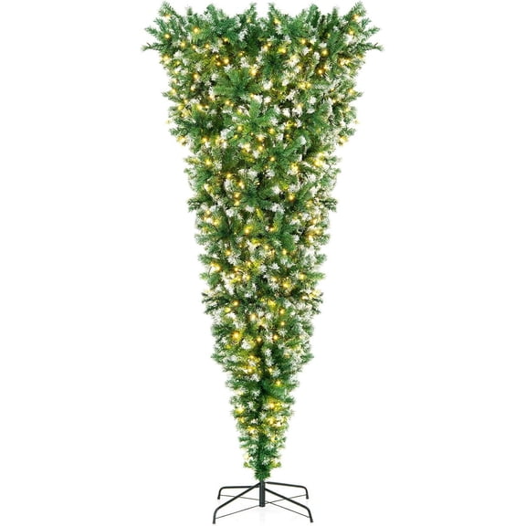 Pre-Lit Upside Down Christmas Tree, 7.5 FT Snow Artificial Inverted Xmas Tree with 1100 Branch Tips, 400 Warm LED Lights, 8 Lighting Modes, Foldable Metal Stand, Green