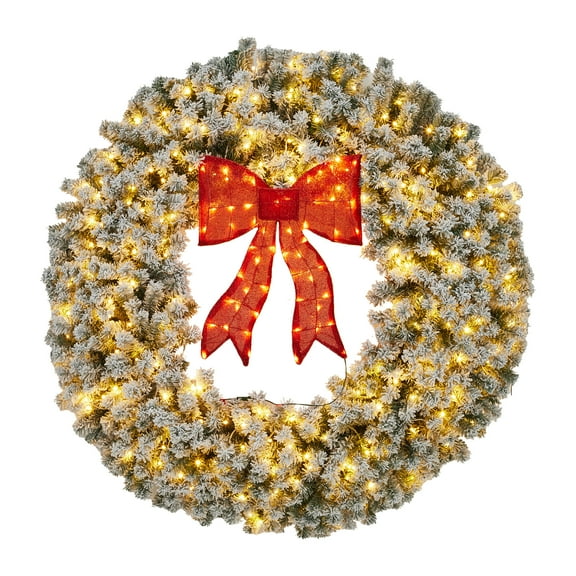 Pre-Lit Winter Artificial Wreath with Bow, Christmas Wreath, Winter Artificial Wreath with Lighted Bow, Xmas Decoration for Indoor Outdoor Holiday