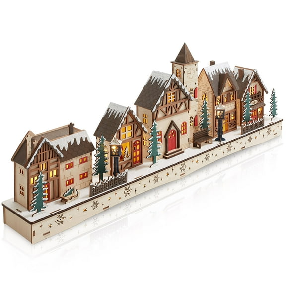 Pre-Lit Wooden Christmas Village - Miniature LED Holiday Decoration