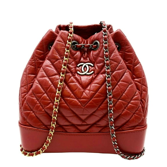 Pre-Owned CHANEL Gabrielle Chevron Aged Calfskin Leather Backpack Bag Red