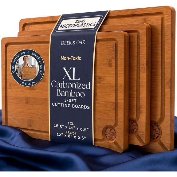 Pre-Oiled, Non Toxic 3-Piece Carbonized Bamboo Cutting Board Set, 500°F Carbonized Technology Eco-Friendly Wooden Chopping Boards for Kitchen with Juice Groove, Charcuterie Serving Boards General