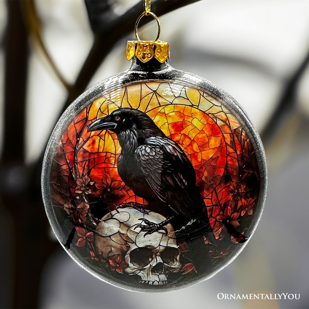 Haunting Stained Glass Skeleton and Raven Ornament