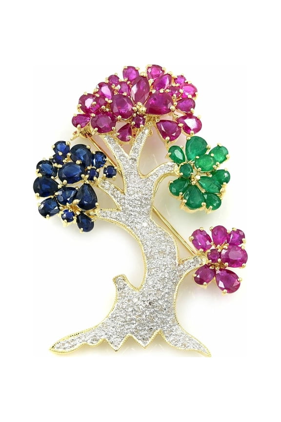 Pre-Owned 14K Yellow Gold Ruby 12.4cttw Diamond 0.60cttw Emerald Sapphire Tree Brooch (Good)