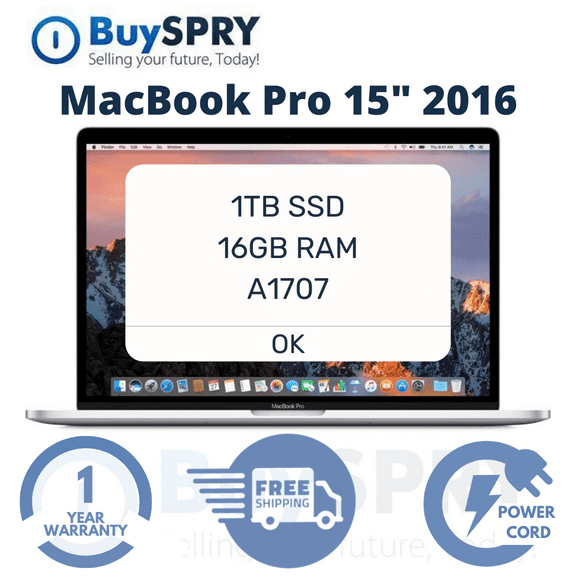 Pre-Owned Apple MacBook Pro 15.4" Touch Bar A1707 2.9GHz Core i7 16GB 1TB SSD, 2017, OS X Big Spur,