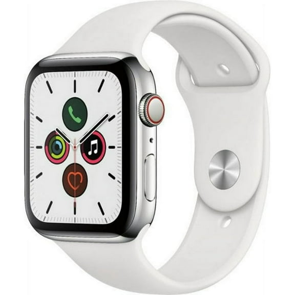 Pre-Owned Apple Watch Series 5 44mm GPS + Cellular Unlocked - Silver Stainless Steel Case - White Sport Band (2019) Fair