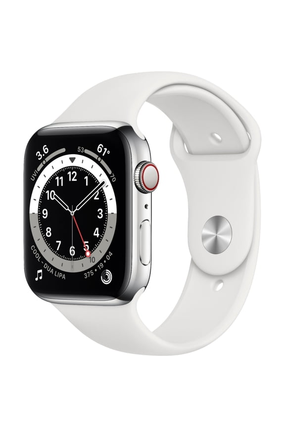 Pre-Owned Apple Watch Series 6 44mm GPS + Cellular 44mm Silver Stainless Steel Case - White Sport Band