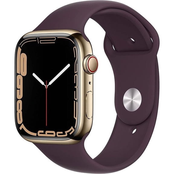 Pre-Owned Apple Watch Series 7 45mm GPS + Cellular Unlocked - Gold Stainless Steel Case - Dark Cherry Sport Band (2021)