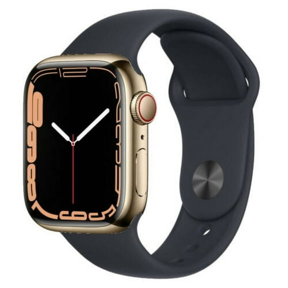 Pre-Owned Apple Watch Series 7 (GPS) Cellular 45mm Gold Stainless Steel Case with Black Sport Band