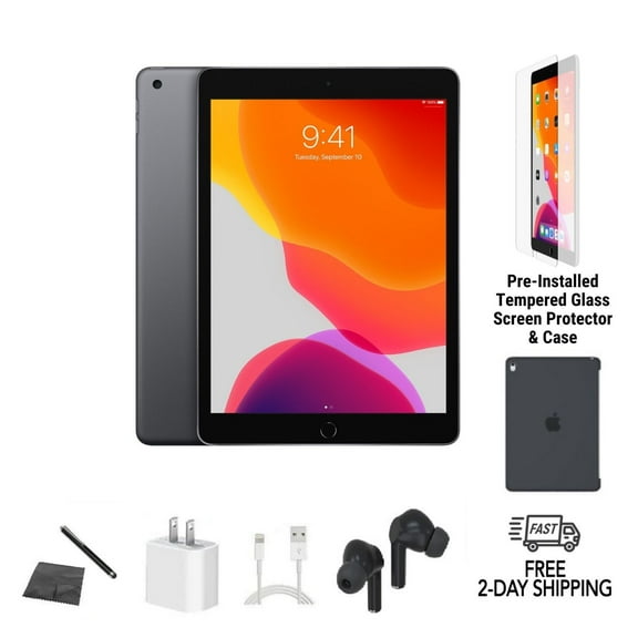 Pre-Owned Apple iPad 7th Gen A2200 (WiFi   Cellular Unlocked) 32GB Space Gray Bundle with Case, Bluetooth Earbuds, Tempered Glass, Stylus, Charger