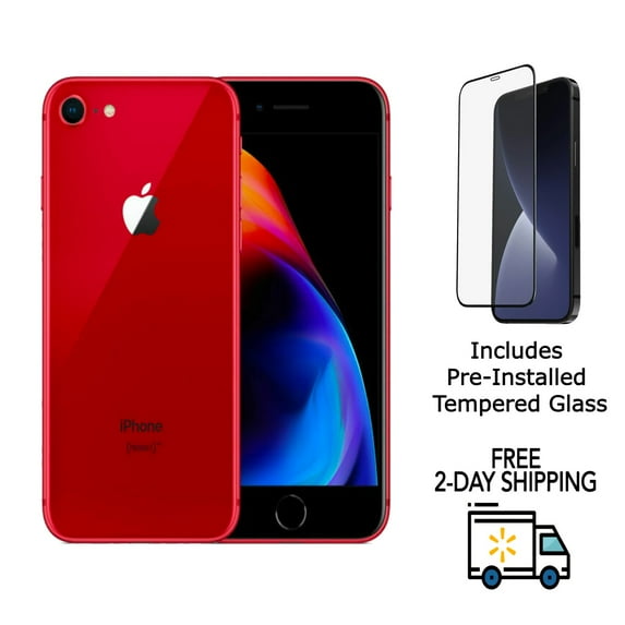 Pre-Owned Apple iPhone 8 (Unlocked) 256GB Red (A1863) Bundle with Pre-Installed Tempered Glass