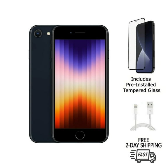 Pre-Owned Apple iPhone SE (3rd Gen) (Unlocked) 64GB Midnight (A2595) Bundle with Pre-Installed Tempered Glass