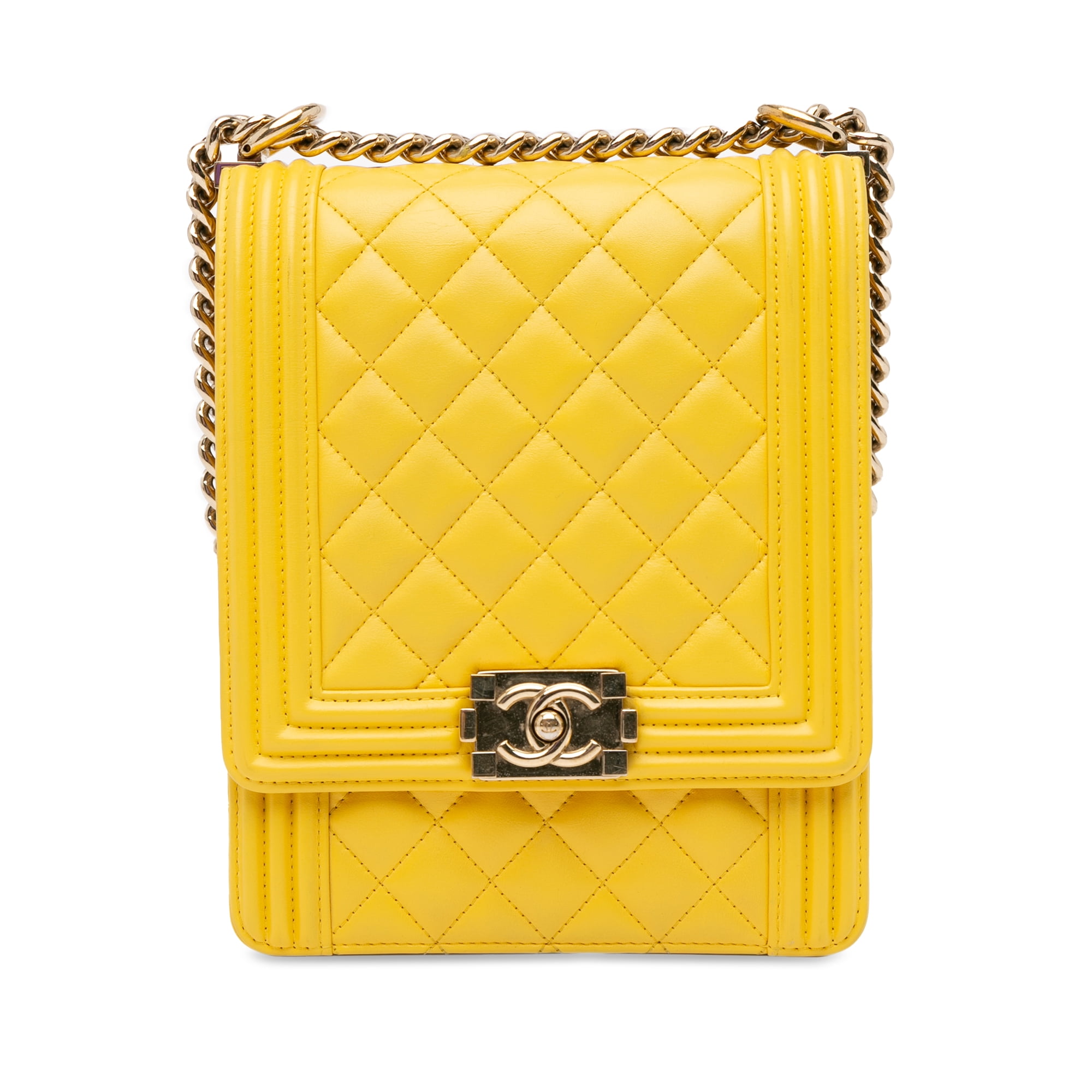 Pre Owned Authenticated Chanel Lambskin North South Boy Flap Leather Yellow Crossbody Bag Unisex Good Walmart