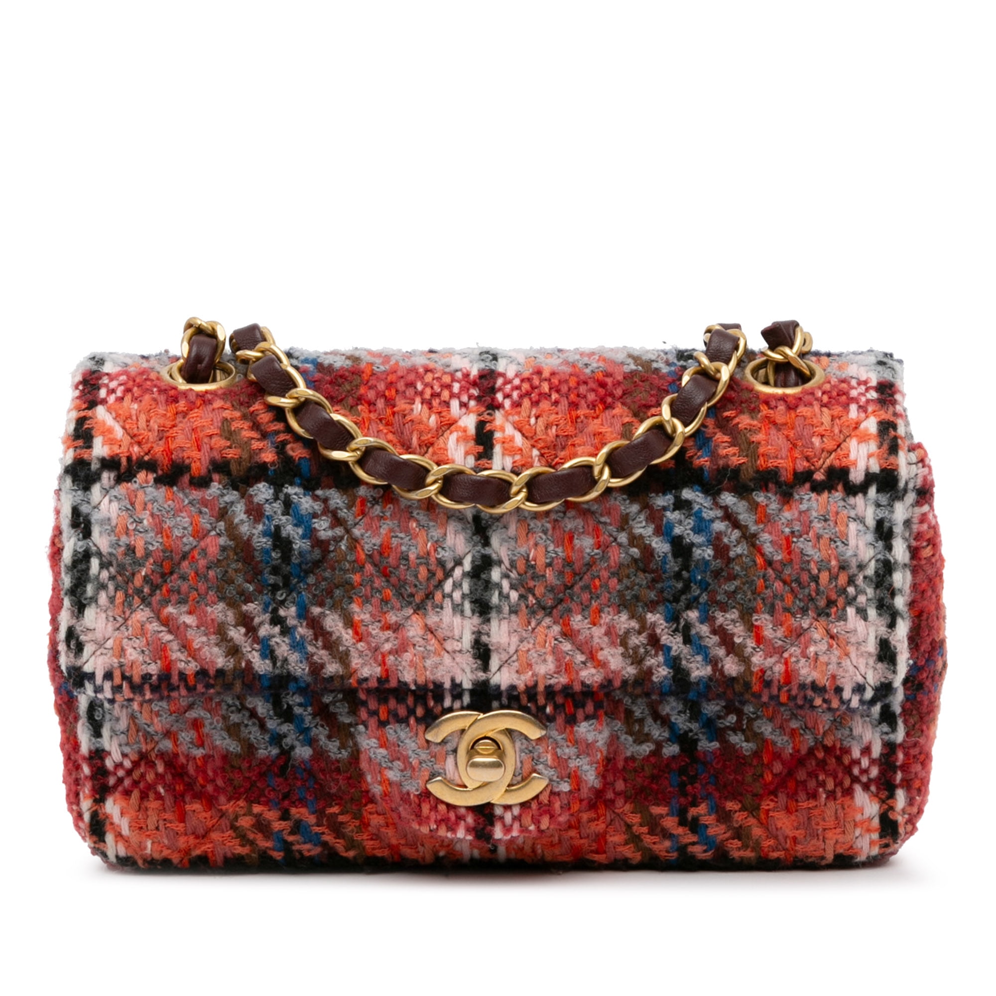 Pre Owned Authenticated Chanel Mini Rectangular Classic Flap Tweed Fabric Orange Crossbody Bag Unisex Good Walmart