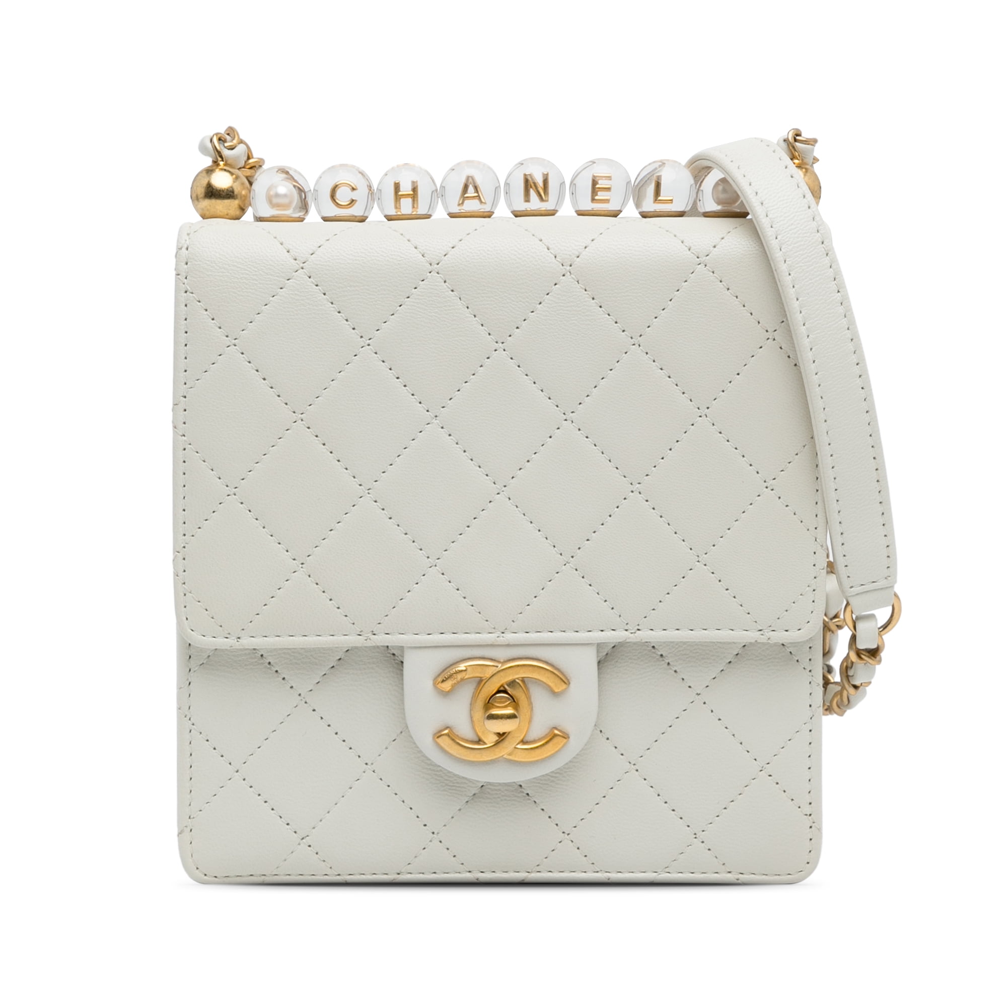 Authenticated Chanel Small Chic Pearls Flap Lambskin Leather White Crossbody Bag Unisex Good Walmart