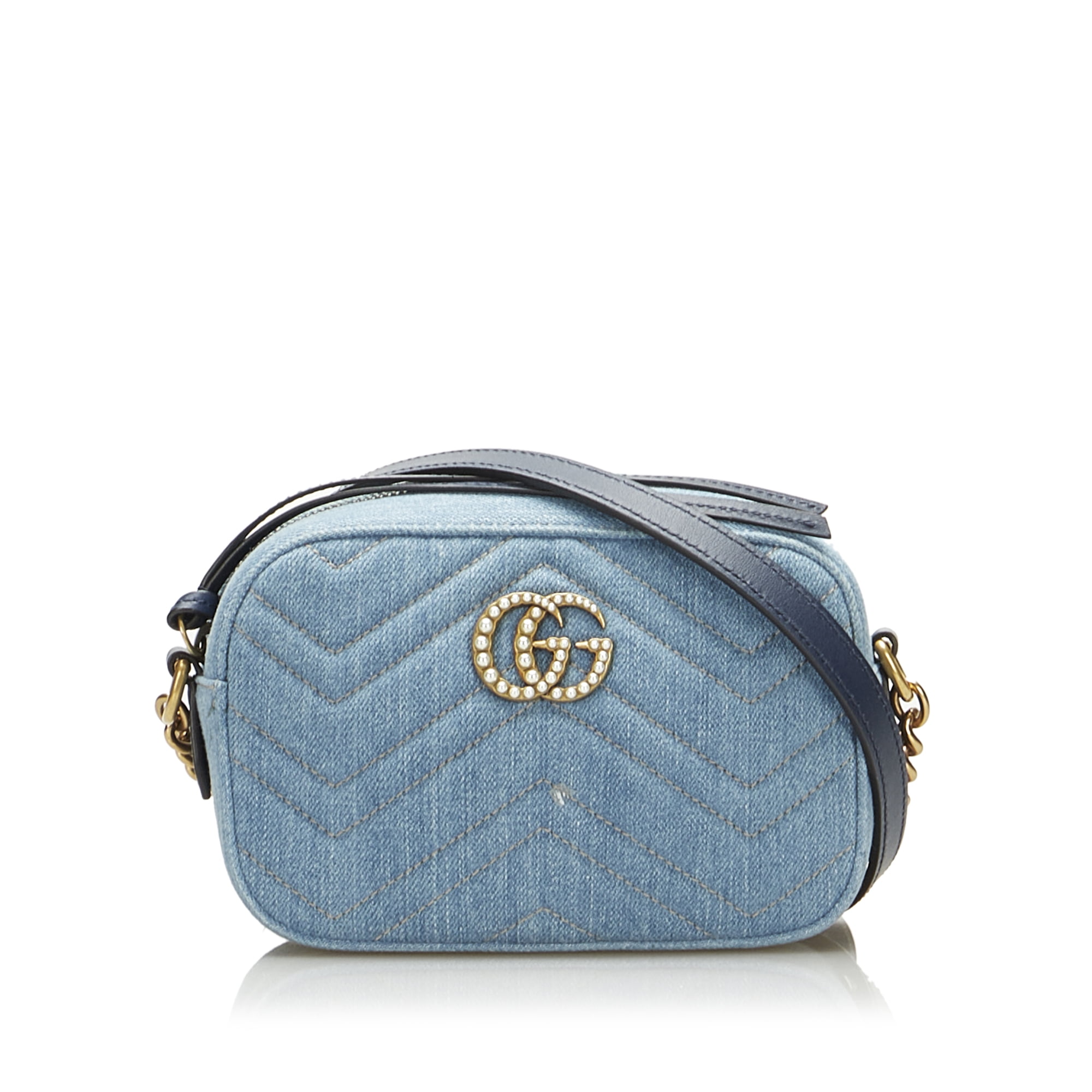 Pre-Owned Authenticated Gucci Pearly GG Marmont Matelasse Crossbody Bag  Denim Fabric Blue Unisex (Fair)