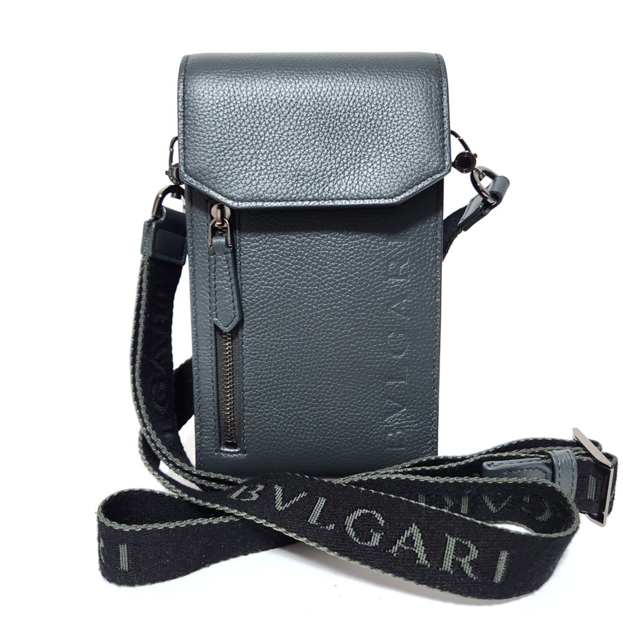 Pre Owned BVLGARI Phone Shoulder Bag Grey Leather Smartphone Pouch Pochette Good Walmart
