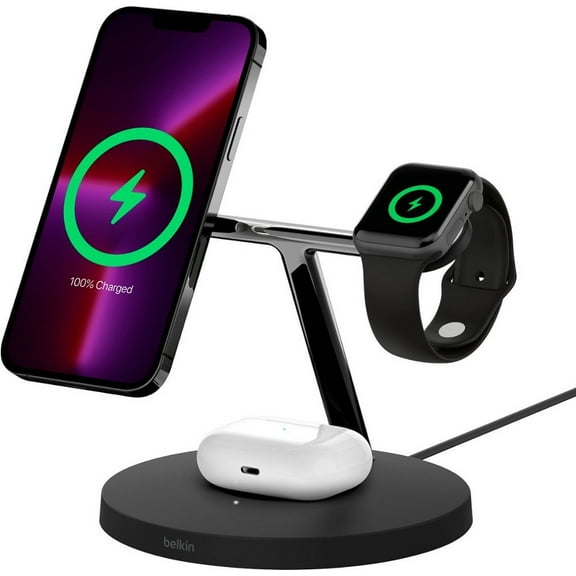 Restored Belkin BOOSTCHARGE PRO 3-in-1 Wireless Charging Stand with MagSafe - Black (Refurbished)