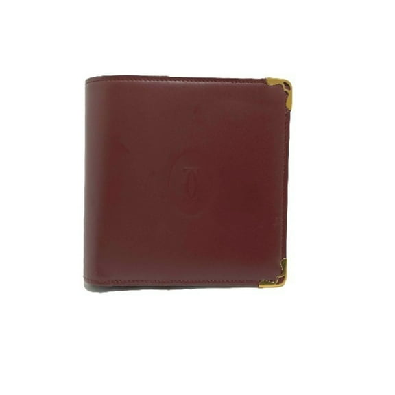 Pre-Owned CARTIER Compact Wallet with Coin Purse Cartier Wine Red Bifold (Good)