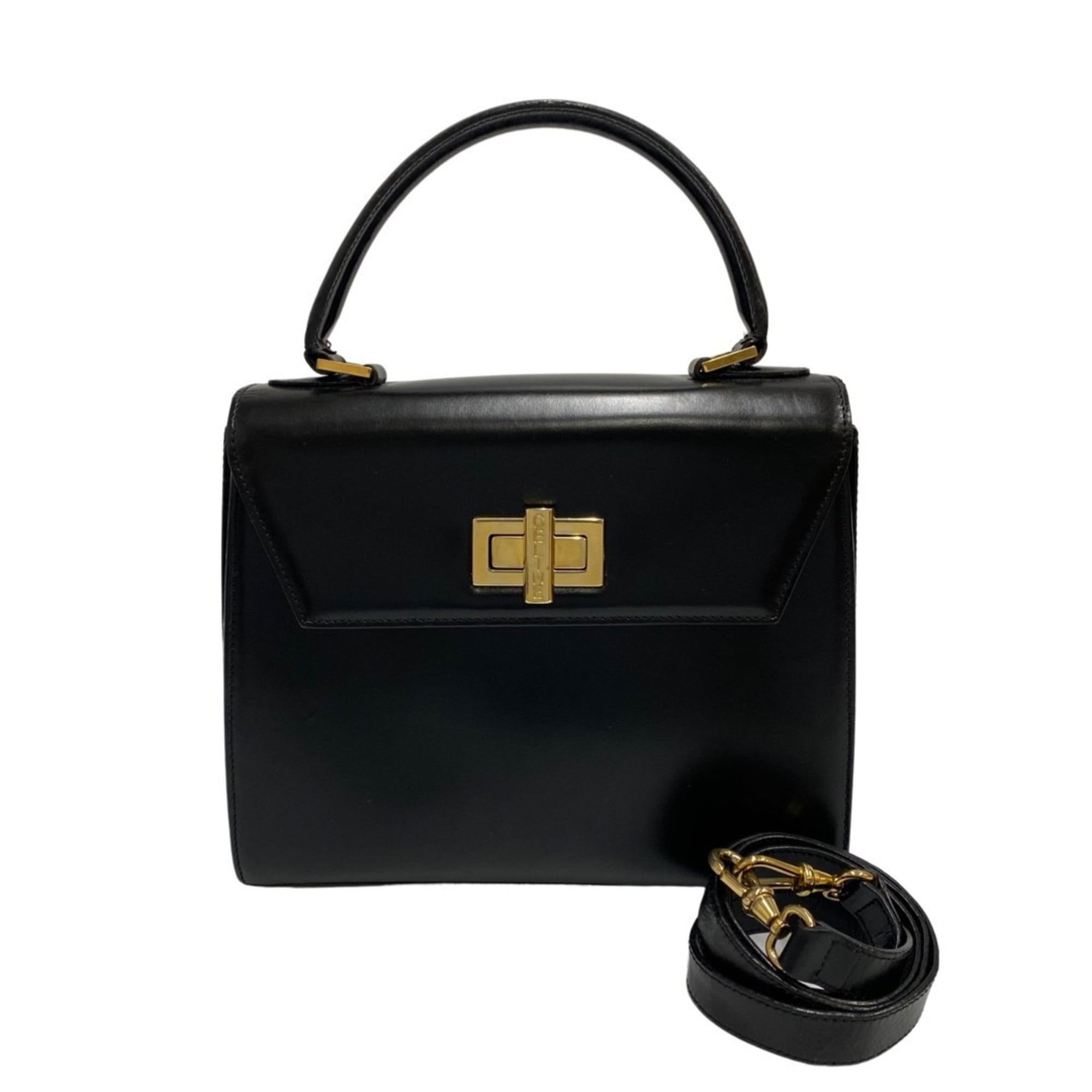 CELINE Drawstring Leather Shoulder bag Black Vintage Old