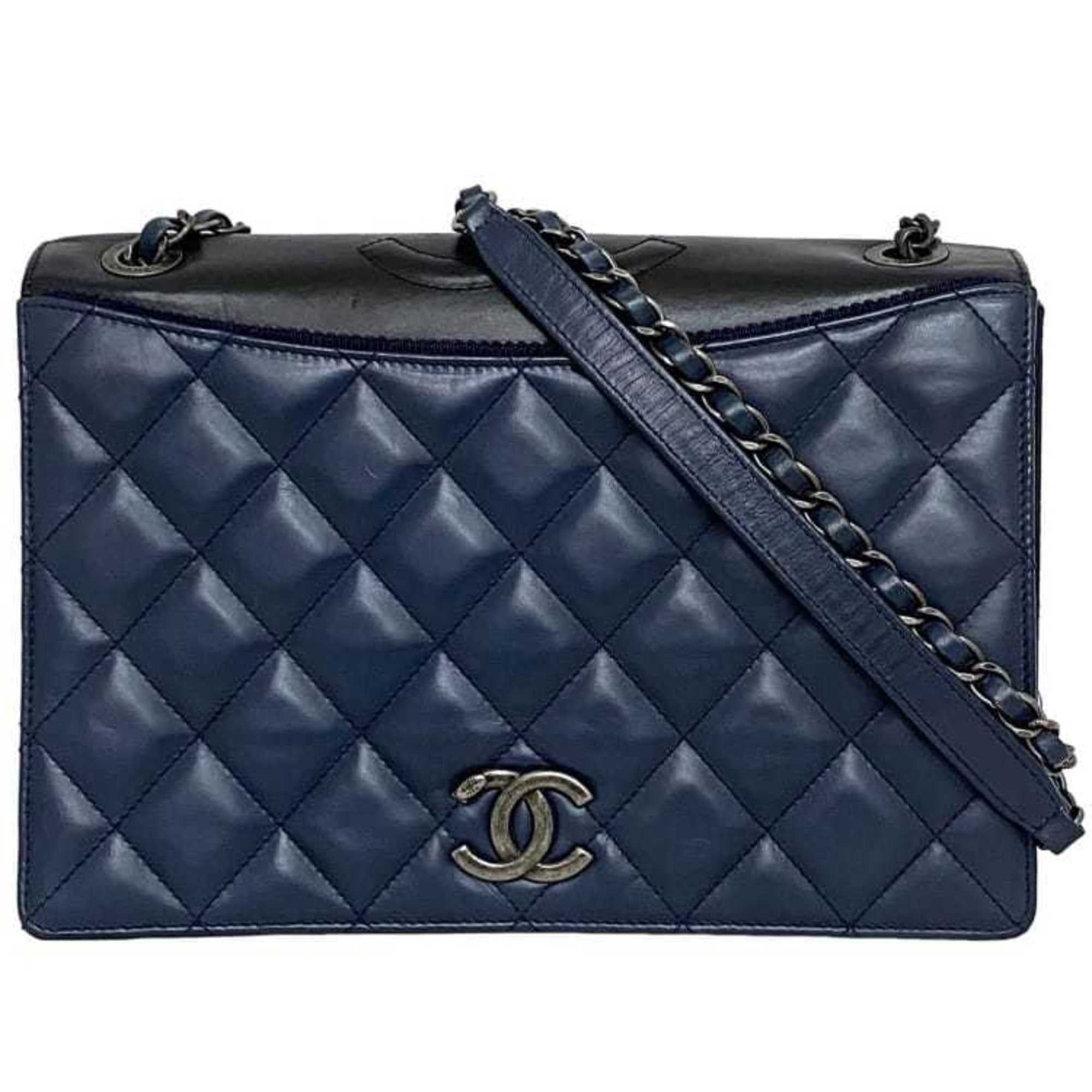 トートバッグ × ヴィンテージ(中古) Chanel Felt Chain Shoulder Bag Pre-Owned CHANEL Chain Shoulder Bag Navy Black Silver