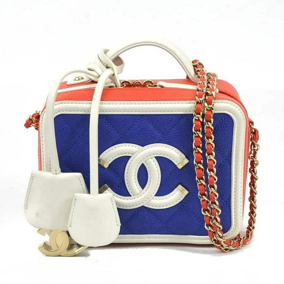 Pre-Owned CHANEL Crossbody Shoulder Bag CC Figly Caviar Skin Leather Blue x White Orange Women's A93342 (Good)