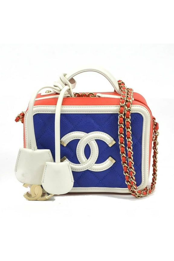 Pre-Owned CHANEL Crossbody Shoulder Bag CC Figly Caviar Skin Leather Blue x White Orange Women's A93342 (Good)
