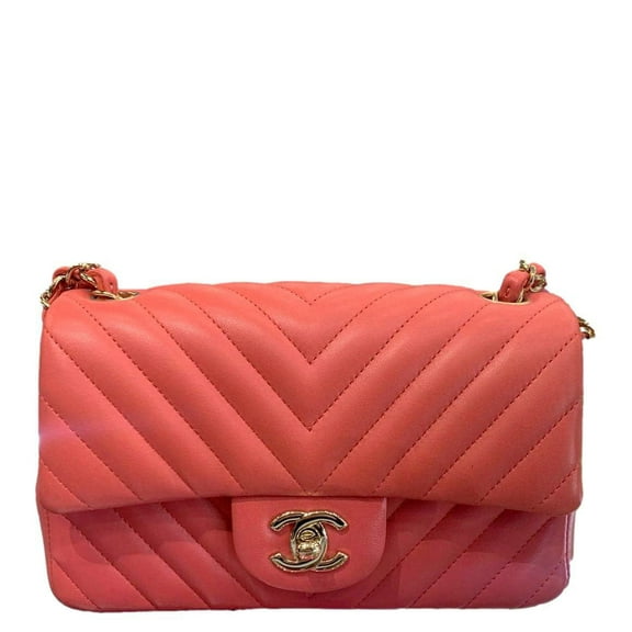Pre-Owned CHANEL Mini Flap Quilted Chevron Leather Crossbody Bag Red