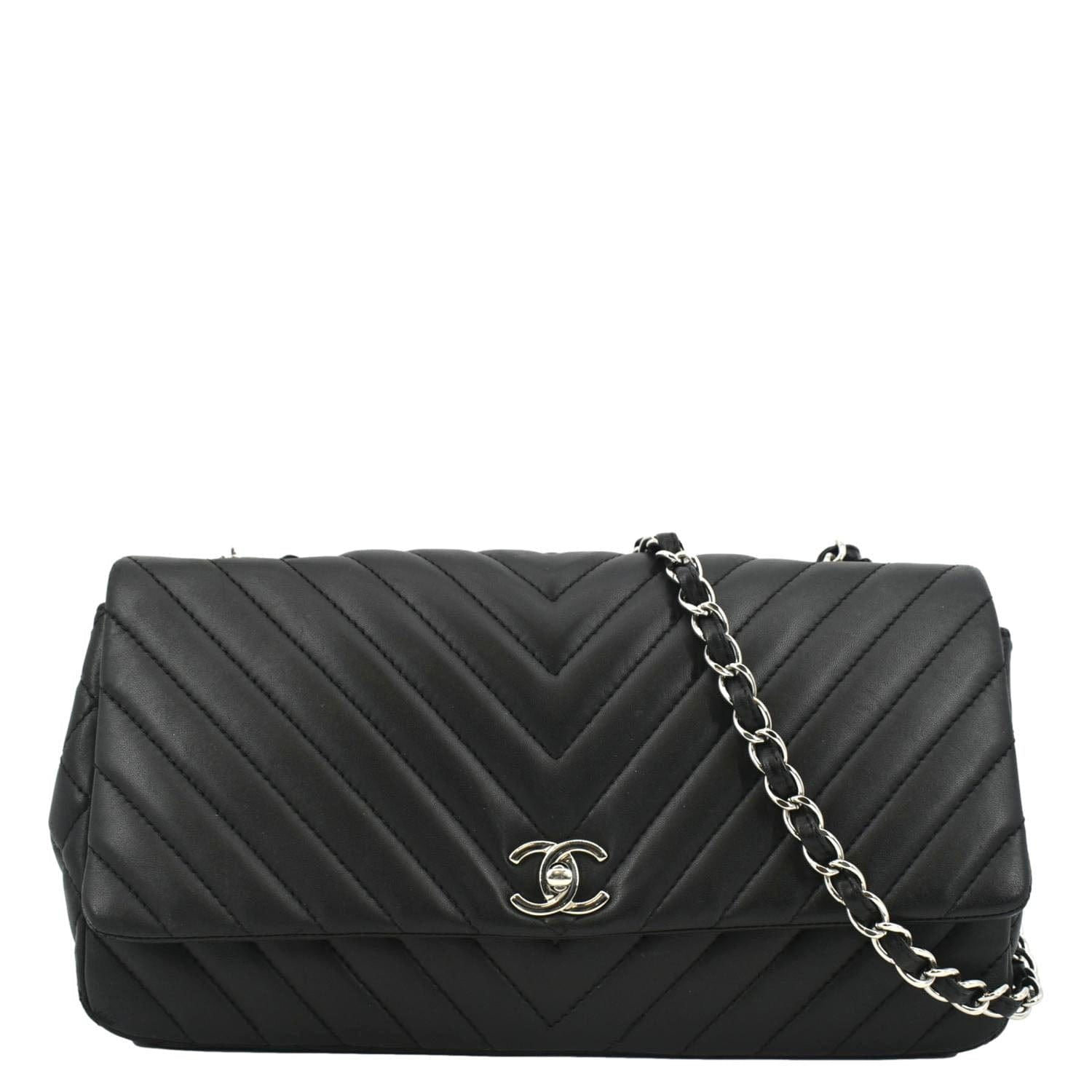 Pre Owned CHANEL Surpique Chevron Medium Lambskin Leather Flap Crossbody Bag Black