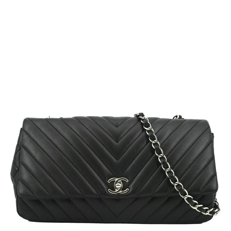 Pre Owned CHANEL Surpique Chevron Medium Lambskin Leather Flap Crossbody Bag Black