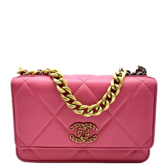 Pre-Owned CHANEL19 CC WOC Quilted Leather Wallet On Chain Crossbody Bag Pink