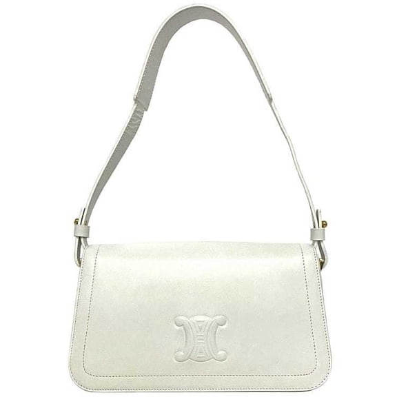 Pre-Owned Celine Bag White Triomphe Cuile MA00/2 Full Flap Leather CELINE Shoulder Handbag Embossed Ladies (Good)