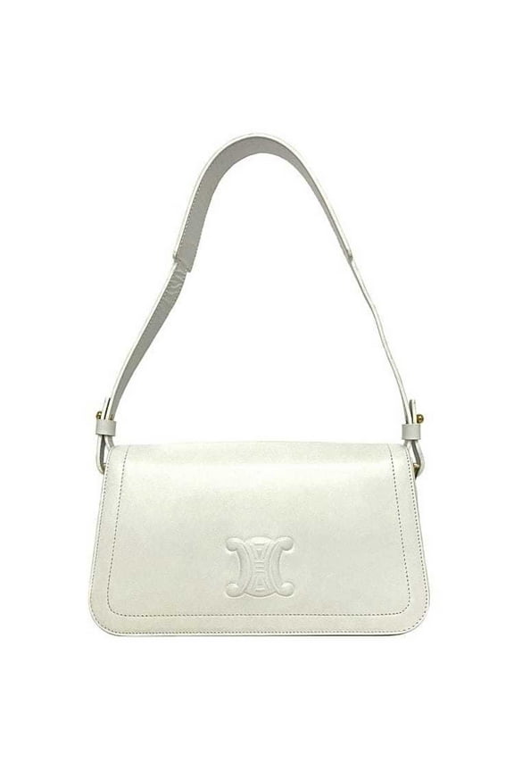 Pre-Owned Celine Bag White Triomphe Cuile MA00/2 Full Flap Leather CELINE Shoulder Handbag Embossed Ladies (Good)