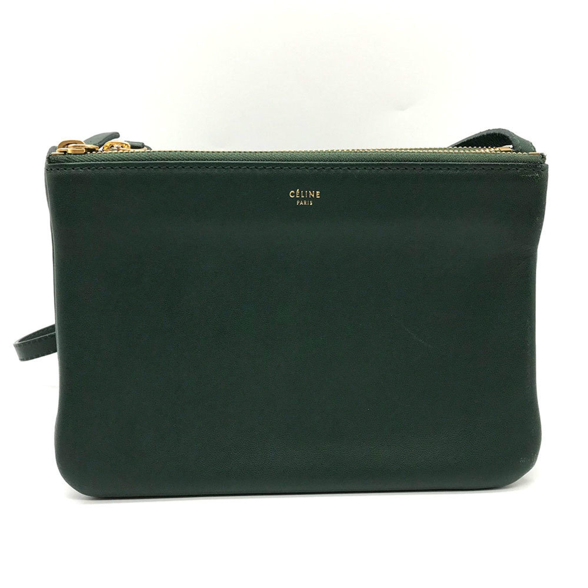 Pre Owned Celine Trio Small Green Shoulder Bag Pochette Women s Lambskin CELINE Good