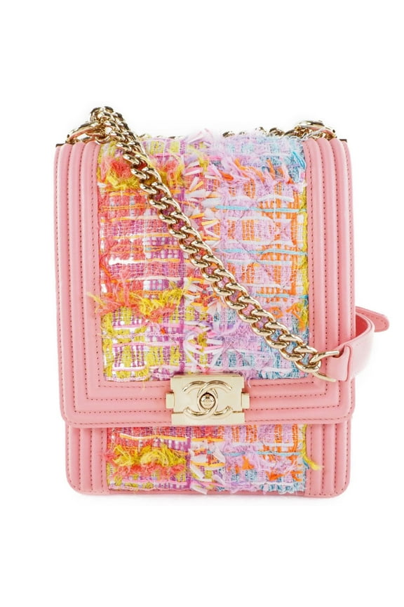 Pre-Owned Chanel Chain Shoulder Boy Coco Mark AS0130 Tweed x Lambskin Pink Ladies Bag (Like New)