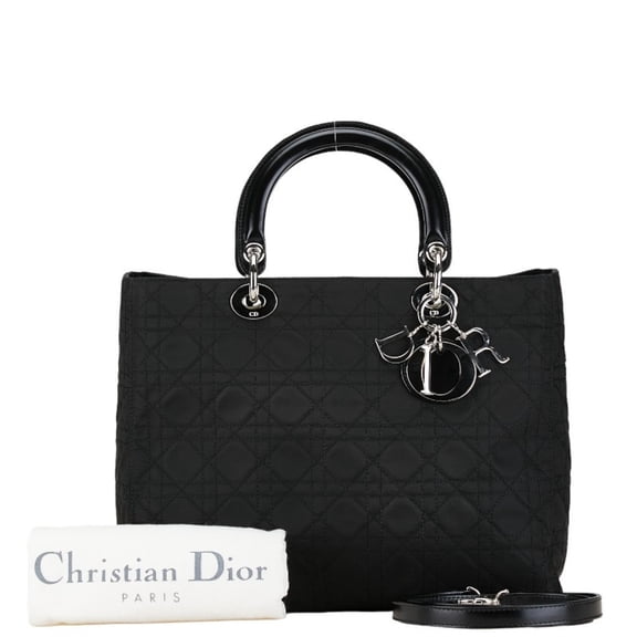 Pre-Owned Christian Dior Dior Cannage Lady Handbag Shoulder Bag Black Cotton Leather Women's (Fair)
