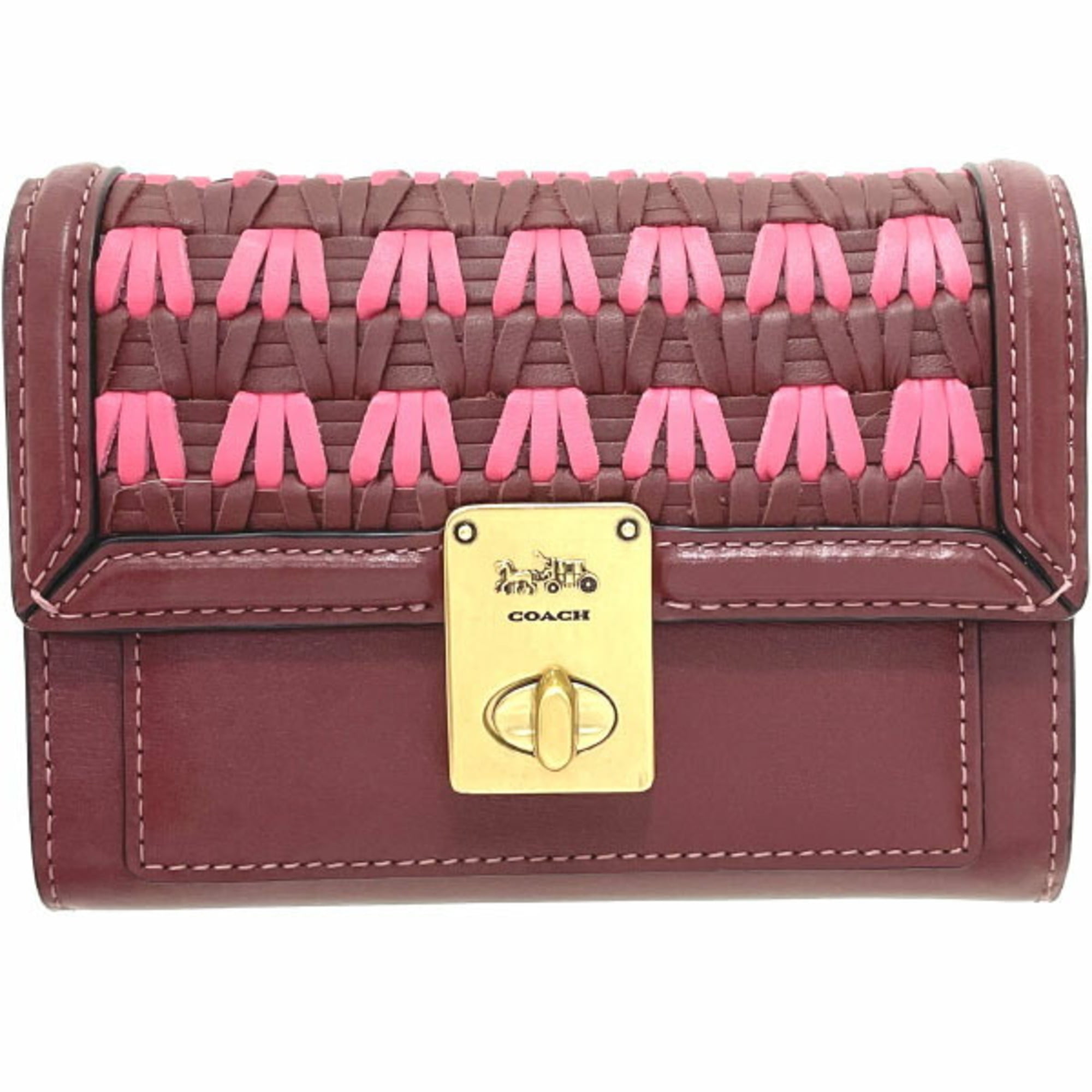 Pre-Owned Coach Wallet Hutton with Weaving Leather Burgundy 804  