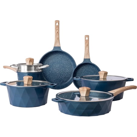 Country Kitchen Cast Aluminum Cookware Set Non Stick Pots and Pan Set, Navy Diamond 11-Pc