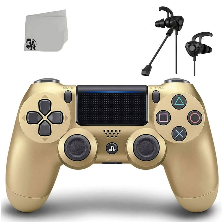 Pre Owned DualShock PlayStation 4 Wireless Controller Gold Blue With Earbuds Bundle BOLT AXTION Refurbished Like New
