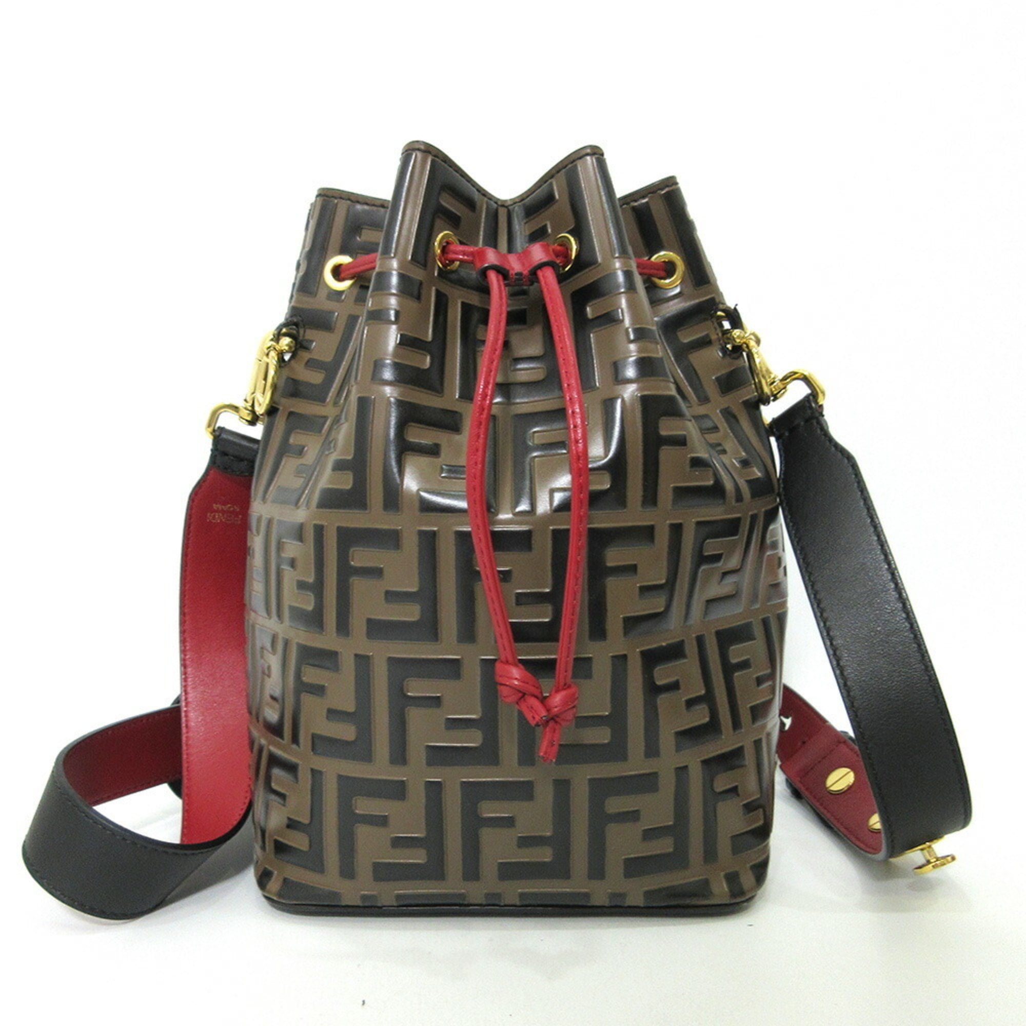 Pre Owned Fendi Bag Montresor Drawstring Shoulder Khaki x Red